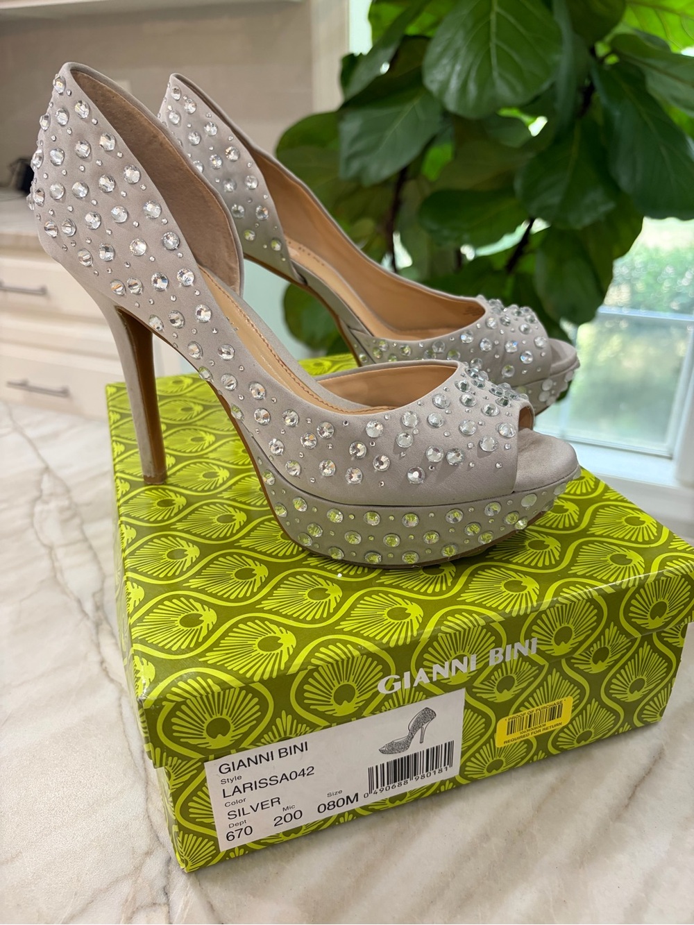 Gianni Bini Silver Crystal-Studded Peep-Toe Platform Heels 8M